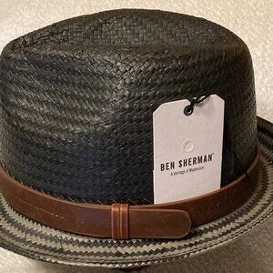 NWOT $50 BEN SHERMAN Paper Straw Hat Size L / XL Black w/ brn real leather band
